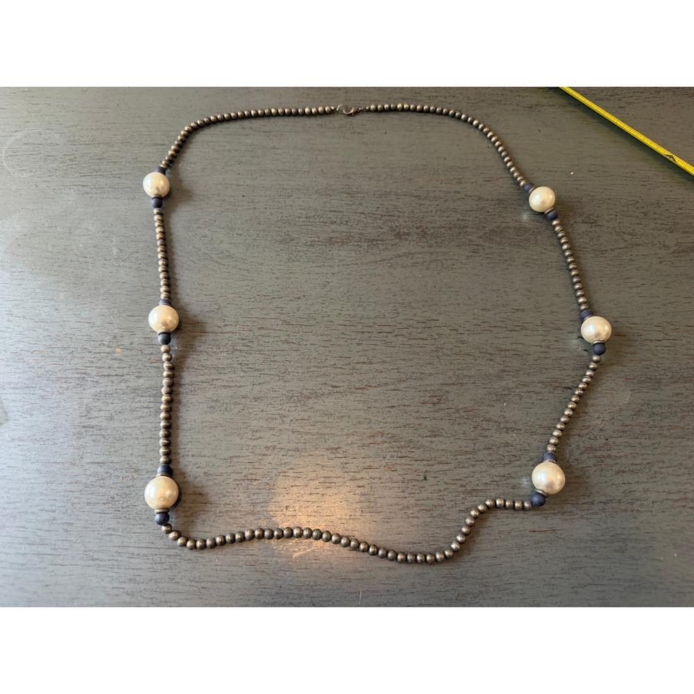 Vintage Burnished Silver Tone Faux Pearl Navy Bead Long Opera Necklace 40 Inch